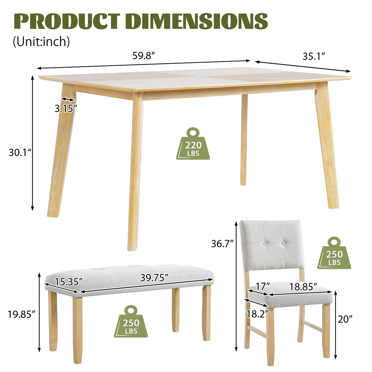 Merax 6 Piece Solid Wood Dining Table Set for 6, Rustic Farmhouse Rectangular with 4 Upholstered Wooden Chairs and 1 Bench, Kitchen Room, Natural Wood Wash Merax
