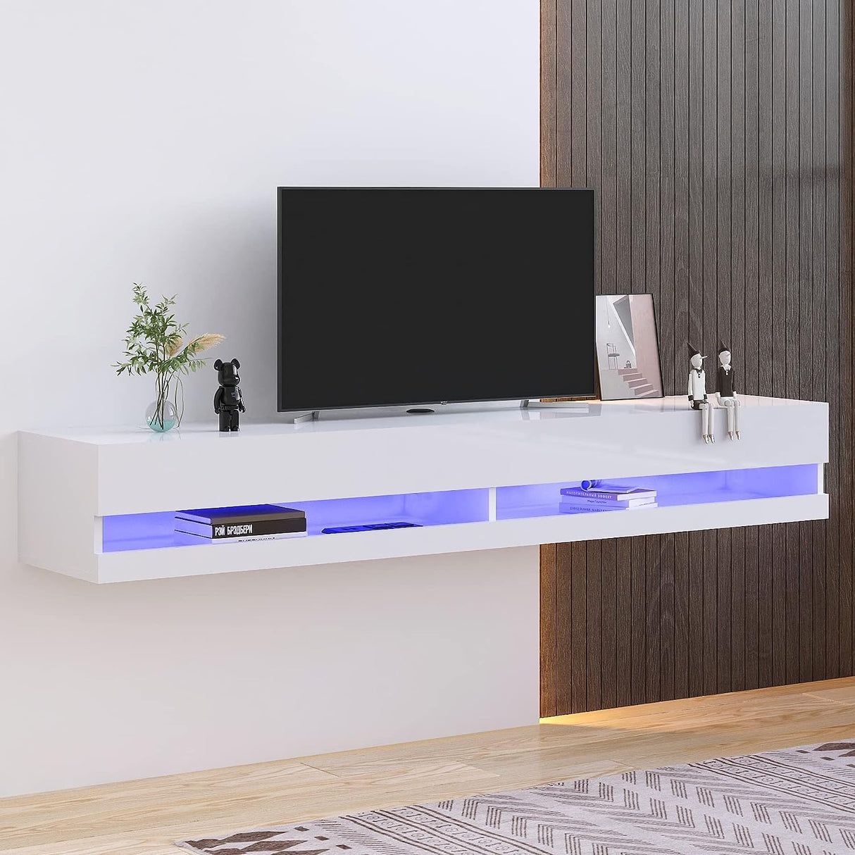 St.Mandyu Floating TV Stand for TVs Up to 85 inch,71'' Modern Entertainment Center with LED Lights and Power Outlets,Wall Mounted Media Console Hanging TV Shelf(White) St.Mandyu