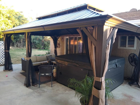 Domi Outdoor Living 12’ X 18’ Hardtop Gazebo, Outdoor Aluminum Frame Canopy with Galvanized Steel Double Roof, Outdoor Permanent Metal Pavilion with Curtains and Netting for Patio, Backyard and Lawn domi outdoor living