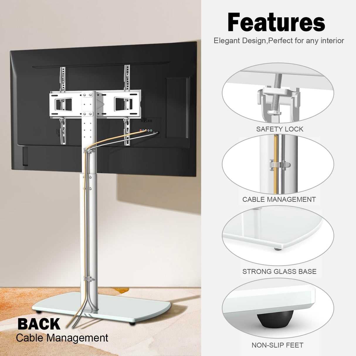 YOMT Universal TV Floor Stand with Mount for 27-70 Inch LCD LED OLED TVs, Swivel Height Adjustable Tall TV Stand, Space Saving Design for Corner Bedroom Living Room, White YOMT