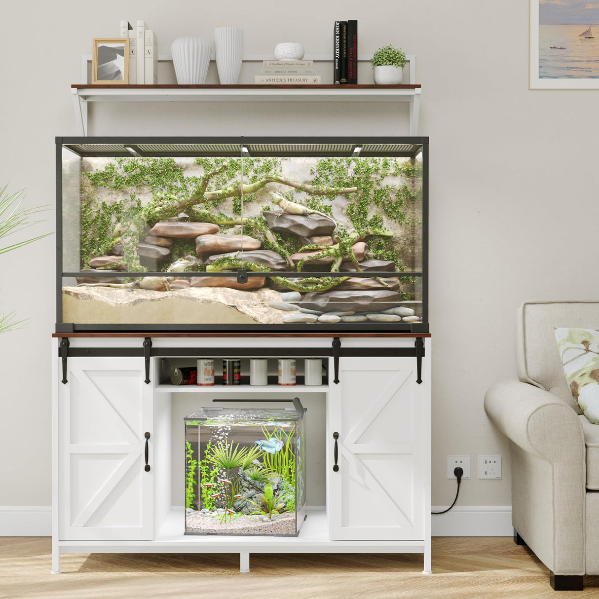 VOWNER Farmhouse Reptile Tank Stand with Power Outlet, 48" X 24" Tabletop Fits up 120 Gallon Bearded Dragon Tank, Heavy Duty Aquarium Stand with Storage Cabinet, Reptile Turtle Terrarium Stand White VOWNER