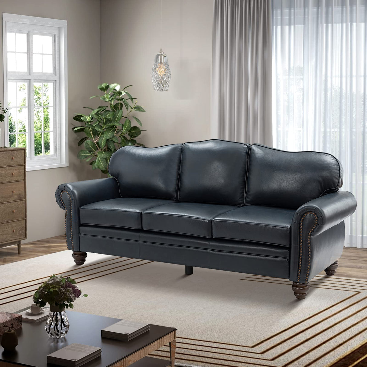 HULALA HOME 81'' Upholstered Leather Sofa with Removable Cushion, Mid-Century Modern Living Room 3-Seater Couch, Full Grain Leather Couch with Nailhead Trim and Rolled Arm for Bedroom Apartment, Navy HULALA HOME