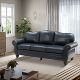 HULALA HOME 81'' Upholstered Leather Sofa with Removable Cushion, Mid-Century Modern Living Room 3-Seater Couch, Full Grain Leather Couch with Nailhead Trim and Rolled Arm for Bedroom Apartment, Navy HULALA HOME