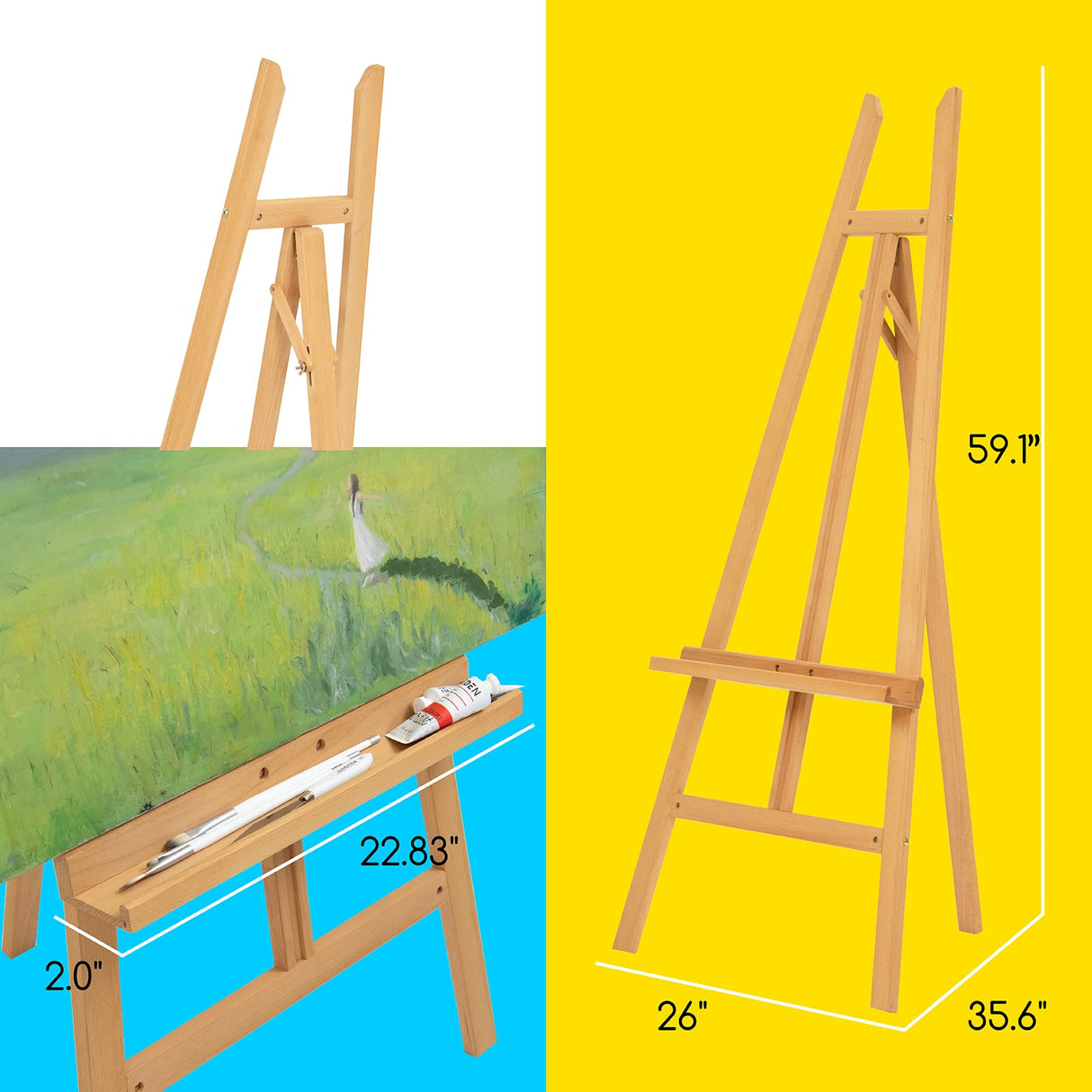 MEEDEN Large Adjustable Wooden Easel, Art Easel Stand for Painting Canvas, Holds Canvas up to 90", Beech Wood Floor Easel for Adults, Heavy Duty Artist Display Easel Holds 33 lbs for Drawing, Signs MEEDEN