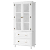 FOTOSOK Kitchen Pantry Storage Cabinet, Tall Cabinet with Rattan Doors and 2 Drawers, Freestanding Cupboard with Adjustable Shelves, Utility Pantry for Kitchen, Dining Room,White FOTOSOK