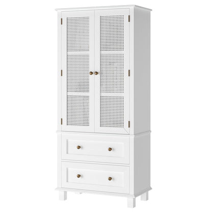 FOTOSOK Kitchen Pantry Storage Cabinet, Tall Cabinet with Rattan Doors and 2 Drawers, Freestanding Cupboard with Adjustable Shelves, Utility Pantry for Kitchen, Dining Room,White - WoodArtSupply