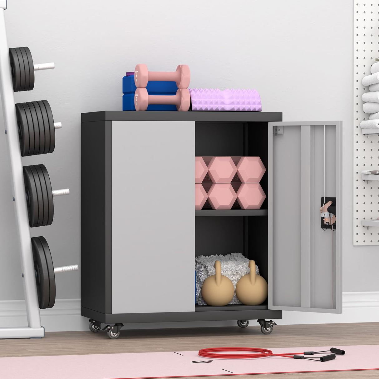 GREATMEET Metal Storage Cabinet with Locking Doors,Steel Storage Cabinet with Wheels Suit for Home Office with 1 Adjustable Shelf for Files, Black&Grey GREATMEET