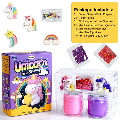 Waybla 2 Pack Butter Slime Kit for Kids with Glitter, Unicorn Figurines, Rainbow & Star Accessories – DIY Slime Toy Gift for Girls & Boys, Party Favors, Stocking Stuffers, Easter Basket Stuffers Waybla