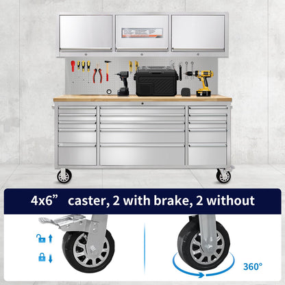 CHETTO C 72 inch Tool Chest Rolling Tool Box Large Tool Cabinet with 15 Storage Drawers Wheels 3 Upper Cabinet SS-Pegboard Workbench Stainless Steel