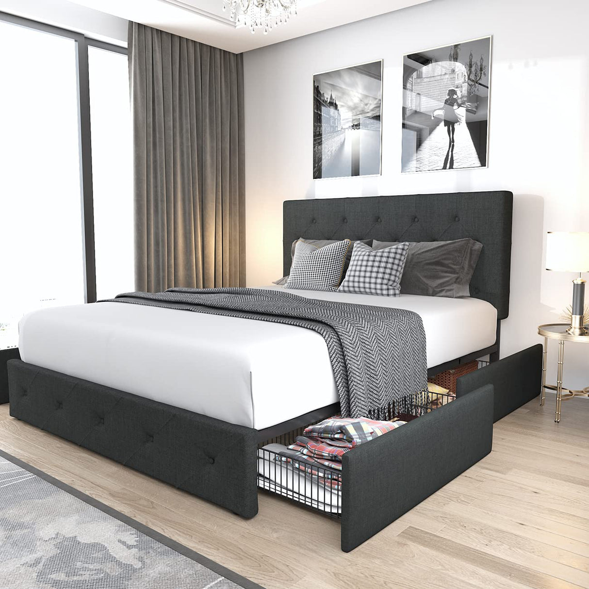 Allewie Dark Grey Upholstered Queen Size Platform Bed Frame with 4 Storage Drawers and Adjustable Headboard Allewie