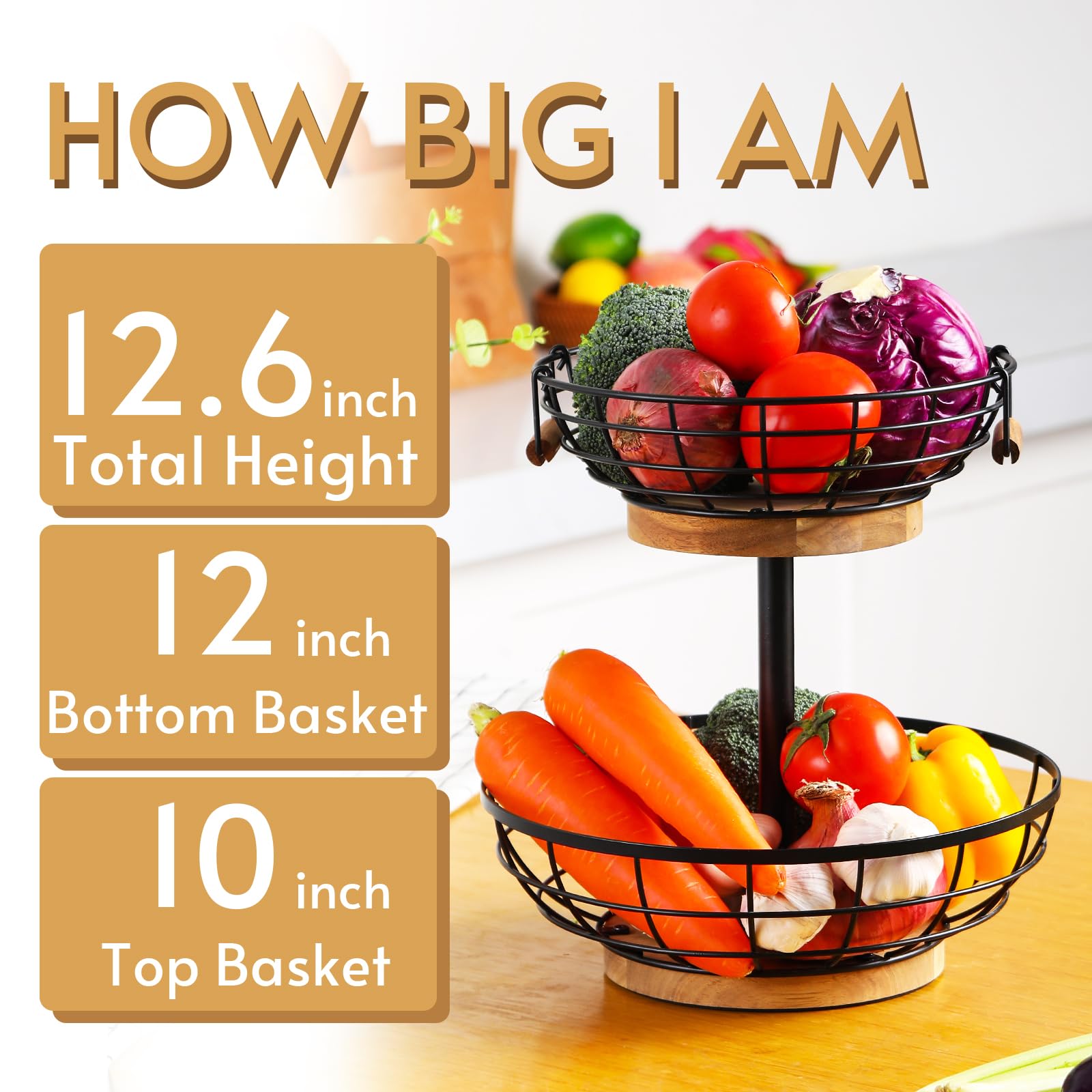 WILDMOS 2-tier Fruit Basket Bowl,Metal Basket with Wooden Base,Fruit and Vegetable Storage with Banana Hanger,Fruit Basket for Kitchen Counter Organizer. - WoodArtSupply