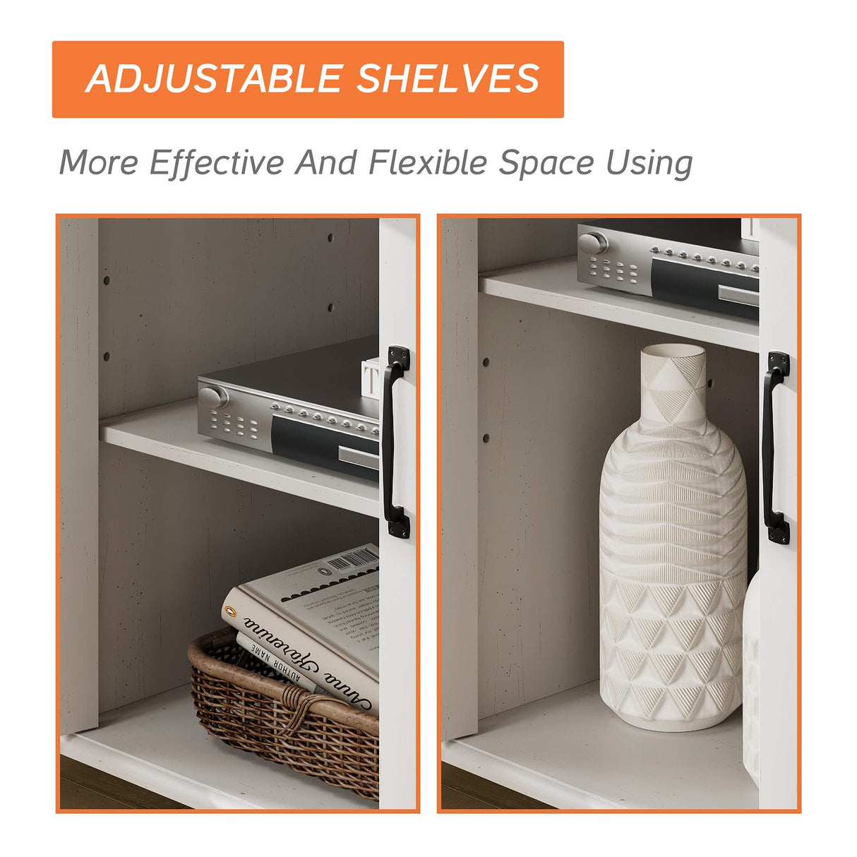 WAMPAT 4-Door Farmhouse TV Stand for TVs Up to 75 inch, Glass and Wood Universal TV Stand with 4 Storage Cabinets, White Entertainment Center for 32-75 inch TV Console Table，White WAMPAT