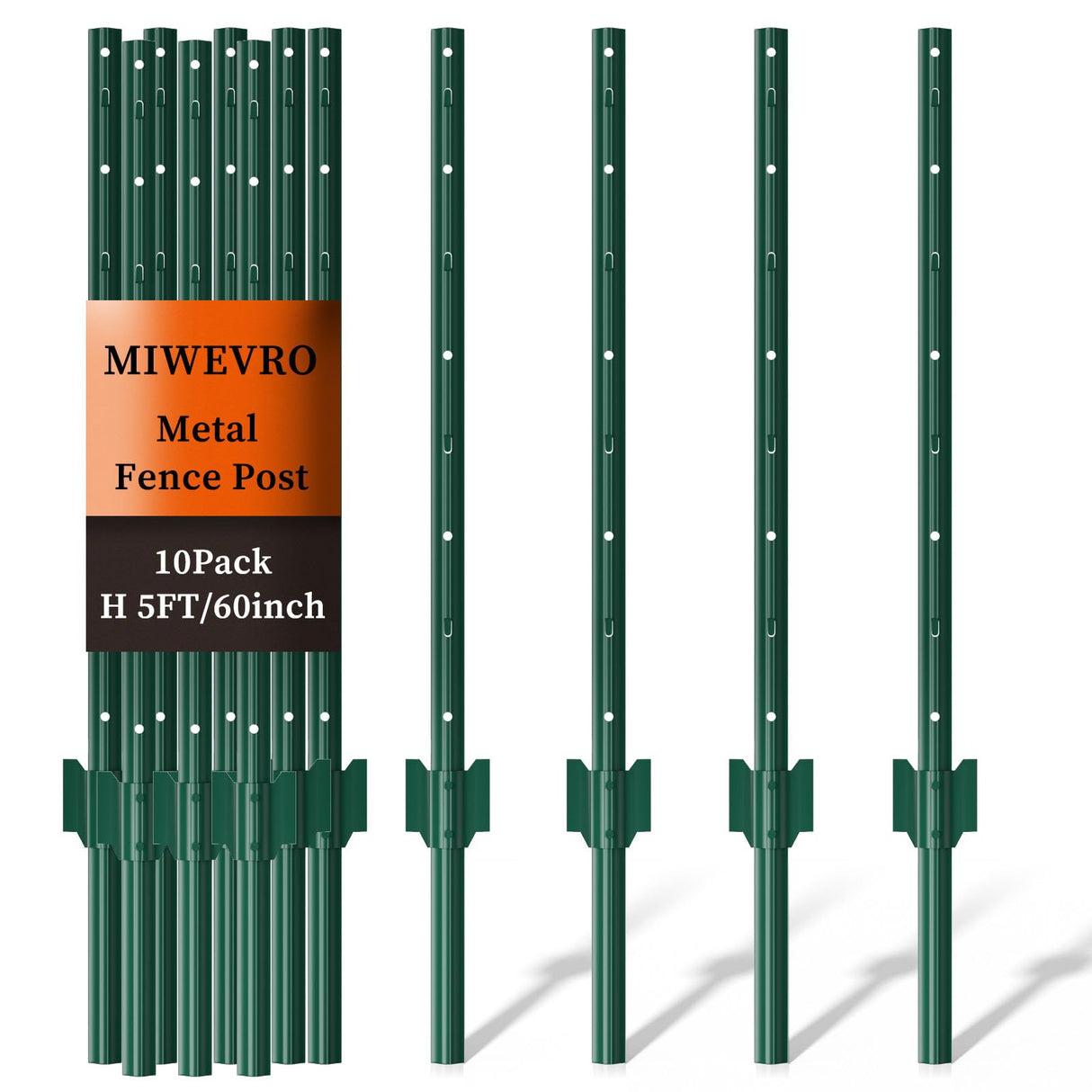 10 Pack Garden Fence Post, 5 Feet Heavy Duty Metal U-Post for Wire Fence, No Dig Garden Fence Stakes for Temporary Fencing, Electric Fence Wire, Corner Anchor, and More-Green MIWEVRO