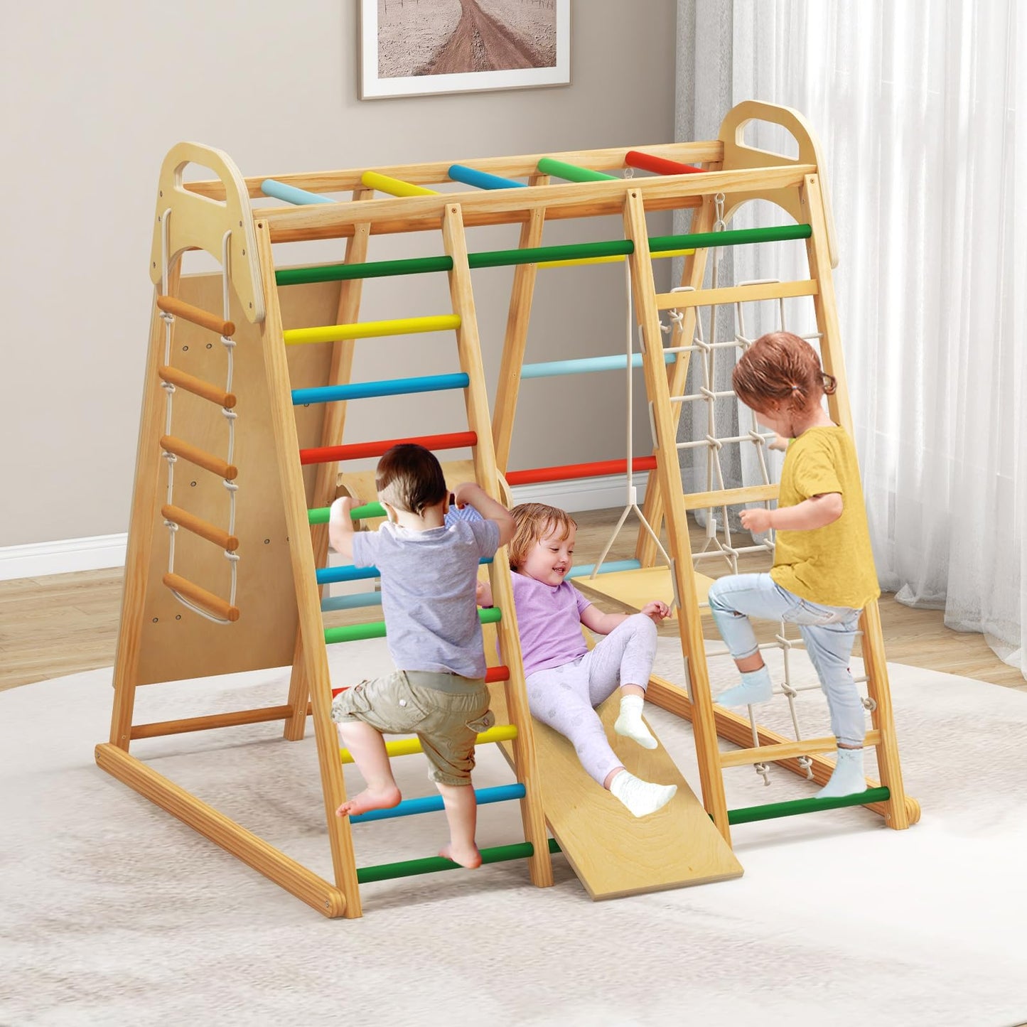 INFANS Indoor Jungle Gym, 8 in 1 Kids Montessori Indoor Playground Climbing Playset for Toddlers with Slide Swing Net Monkey Bars Rope Ladder, Wood Climber Toys for Boys Girls