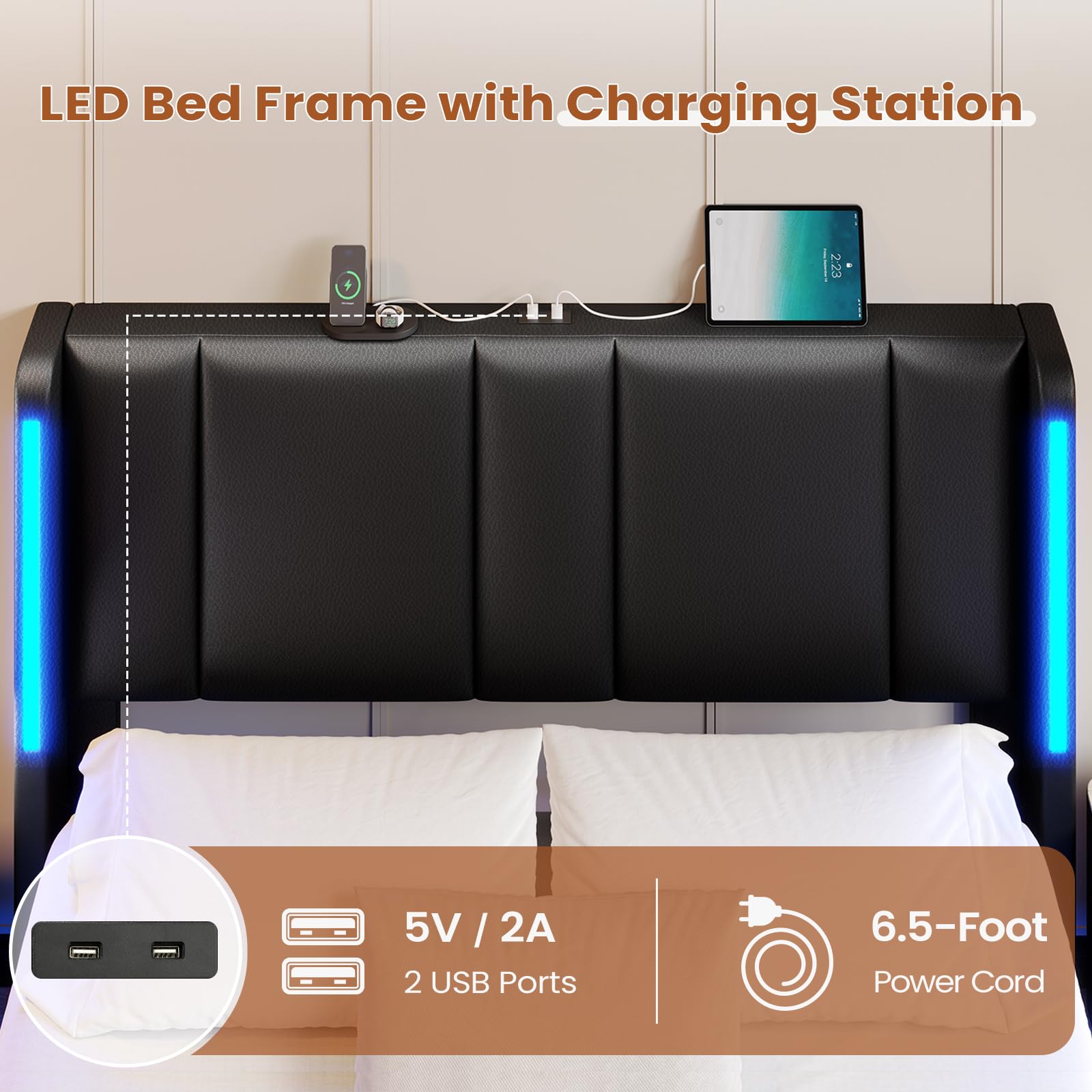 AOGLLATI Queen Floating Bed Frame with LED Lights and USB Charging Stations - WoodArtSupply