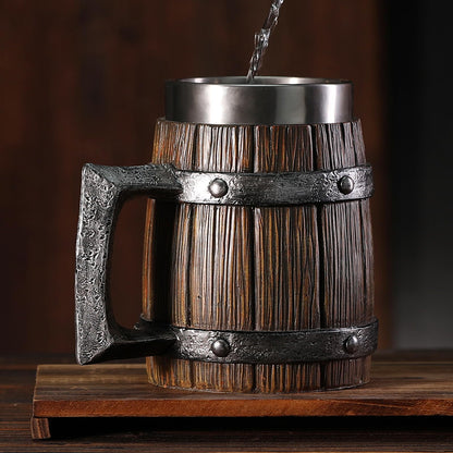 Viking Wooden Barrel Tankard Creative Hand-painted Resin Beer Stein, 304 SS Liner Wine Goblet Coffee Mug Handmade Creative Gift Home Decor, Capacity 20 OZ (Dark brown) - WoodArtSupply