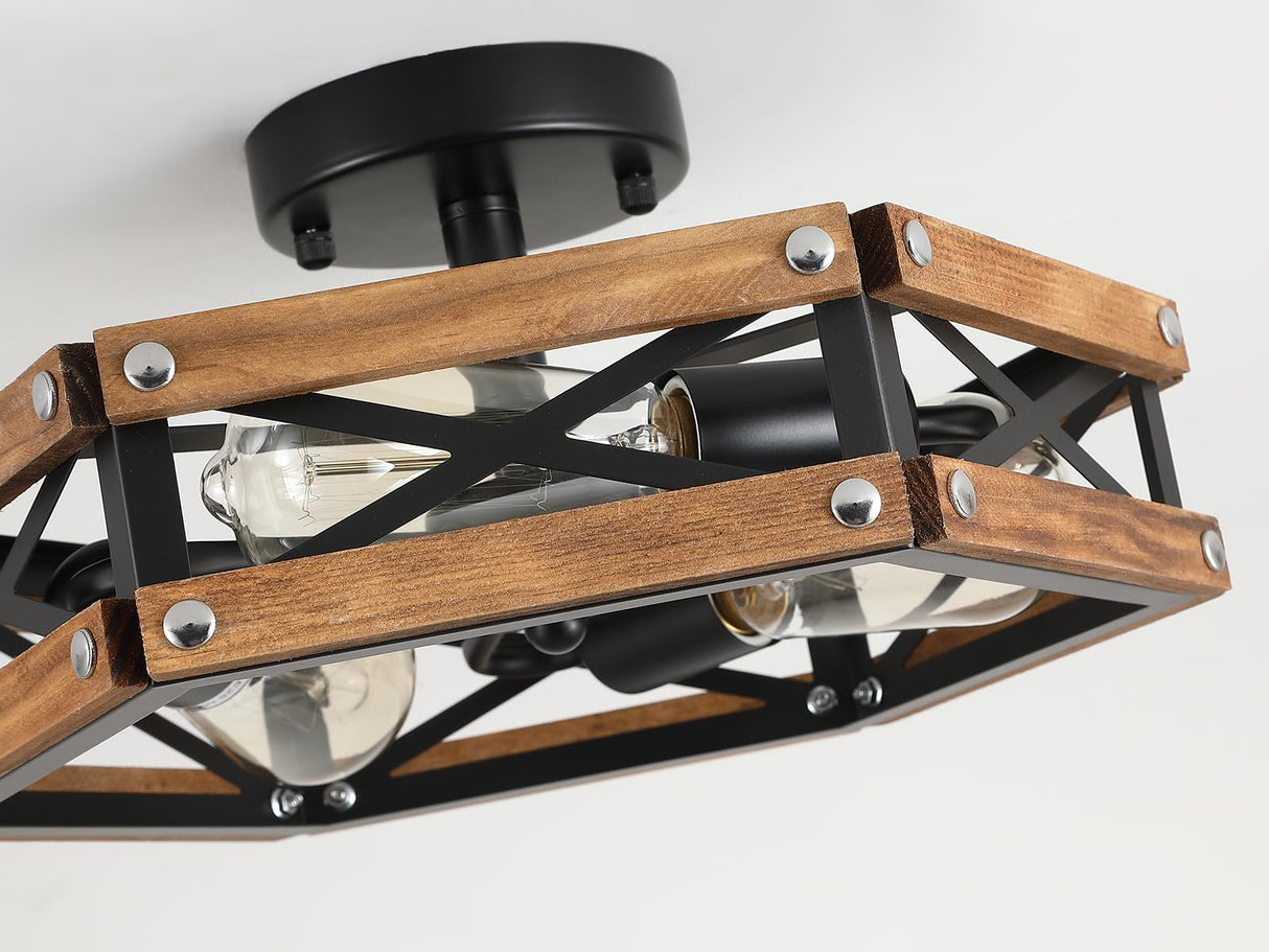 2 Pack 3-Light Rustic Farmhouse Wood Flush Mount Ceiling Light Fixture Oak Wood and Metal Cage Semi Flush Mount Ceiling Light for Hallway Hall Entry Bedroom Kitchen Farmhouse, Black RKUCSR