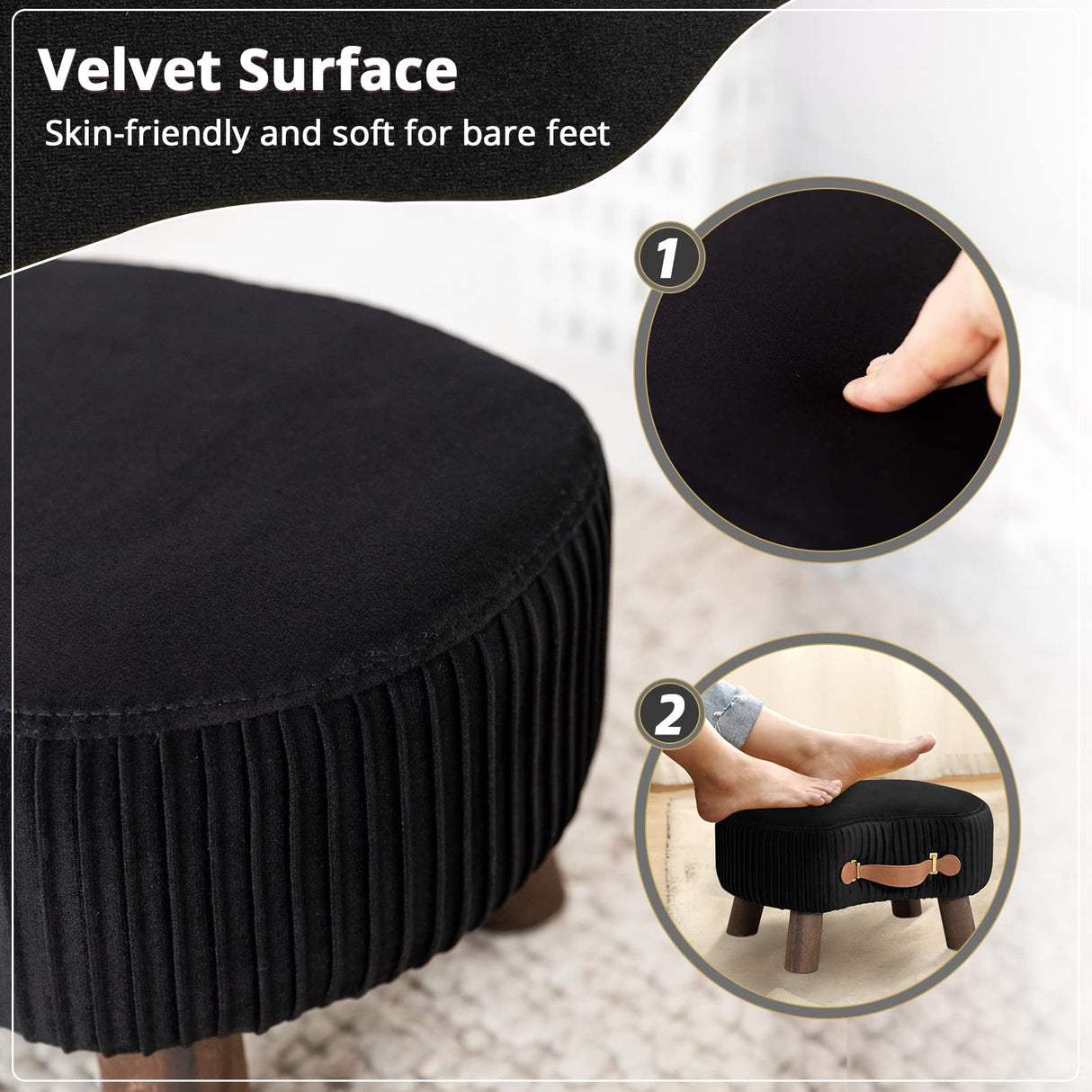 LUE BONA Small Curved Foot Stool with Handle, Black Velvet Footstool and Ottomans, Modern Foot Rest with Wooden Legs, Step Stool with Padded Seat for Couch, Living Room LUE BONA