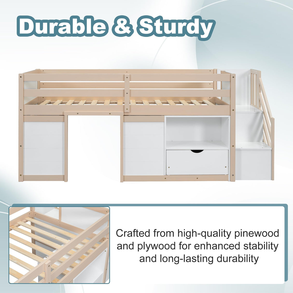 Okak Twin Size Low Loft Bed, Kids Loft Bed Frame with Playhouse, Drawer, Shelf, Stairs for Storage, Toddler Beds Frame with Safety Guardrail and Strong Wood Slats for Girls or Boys - White & Cream Okak