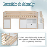 Okak Twin Size Low Loft Bed, Kids Loft Bed Frame with Playhouse, Drawer, Shelf, Stairs for Storage, Toddler Beds Frame with Safety Guardrail and Strong Wood Slats for Girls or Boys - White & Cream Okak