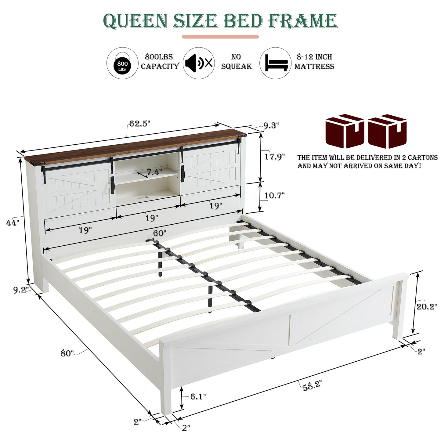 RedLemon Farmhouse Queen Size Bed Frame with Bookcase Headboard, Sliding Barn Door, Storage Cabinet, Charging Station, Wood Slats Support, No Box Spring Needed, Antique White - WoodArtSupply