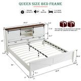 RedLemon Farmhouse Queen Size Bed Frame with Bookcase Headboard, Sliding Barn Door, Storage Cabinet, Charging Station, Wood Slats Support, No Box Spring Needed, Antique White RedLemon