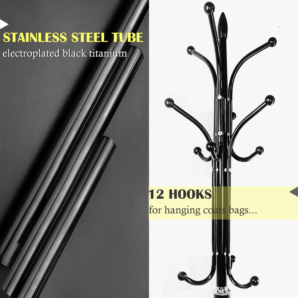 Kertnic Metal Coat Rack Stand with Natural Marble Base, Free Standing Hall Tree with 12 Hooks for Hanging Scarf, Bag, Jacket, Home Entry-way Hat Hanger Organizer (Black) Kertnic