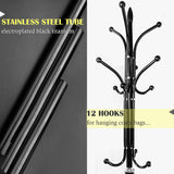 Kertnic Metal Coat Rack Stand with Natural Marble Base, Free Standing Hall Tree with 12 Hooks for Hanging Scarf, Bag, Jacket, Home Entry-way Hat Hanger Organizer (Black) Kertnic