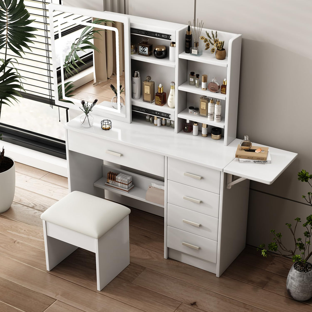 Leavader White Vanity Desk Set - 43.3" Large Vanity Table with Sliding Lighted Mirror in 3 Colors & 5 Drawers & Retractable Rack, Dressing Table Makeup Desk with Stool Set Leavader