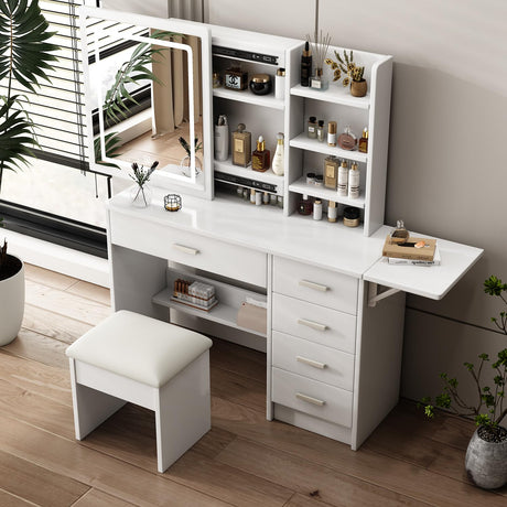 Leavader White Vanity Desk Set - 43.3" Large Vanity Table with Sliding Lighted Mirror in 3 Colors & 5 Drawers & Retractable Rack, Dressing Table Makeup Desk with Stool Set Leavader