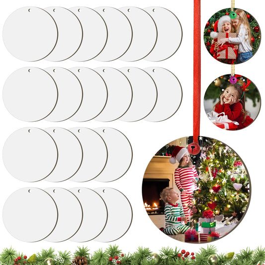 Sublimation Ornament Blanks, 20Pcs 3" Sublimation Blanks Round Double Side Sublimation Christmas Ornament Blanks with Scrub Bells Red and Golden String for Christmas Tree Decor, DIY Handmade Crafts