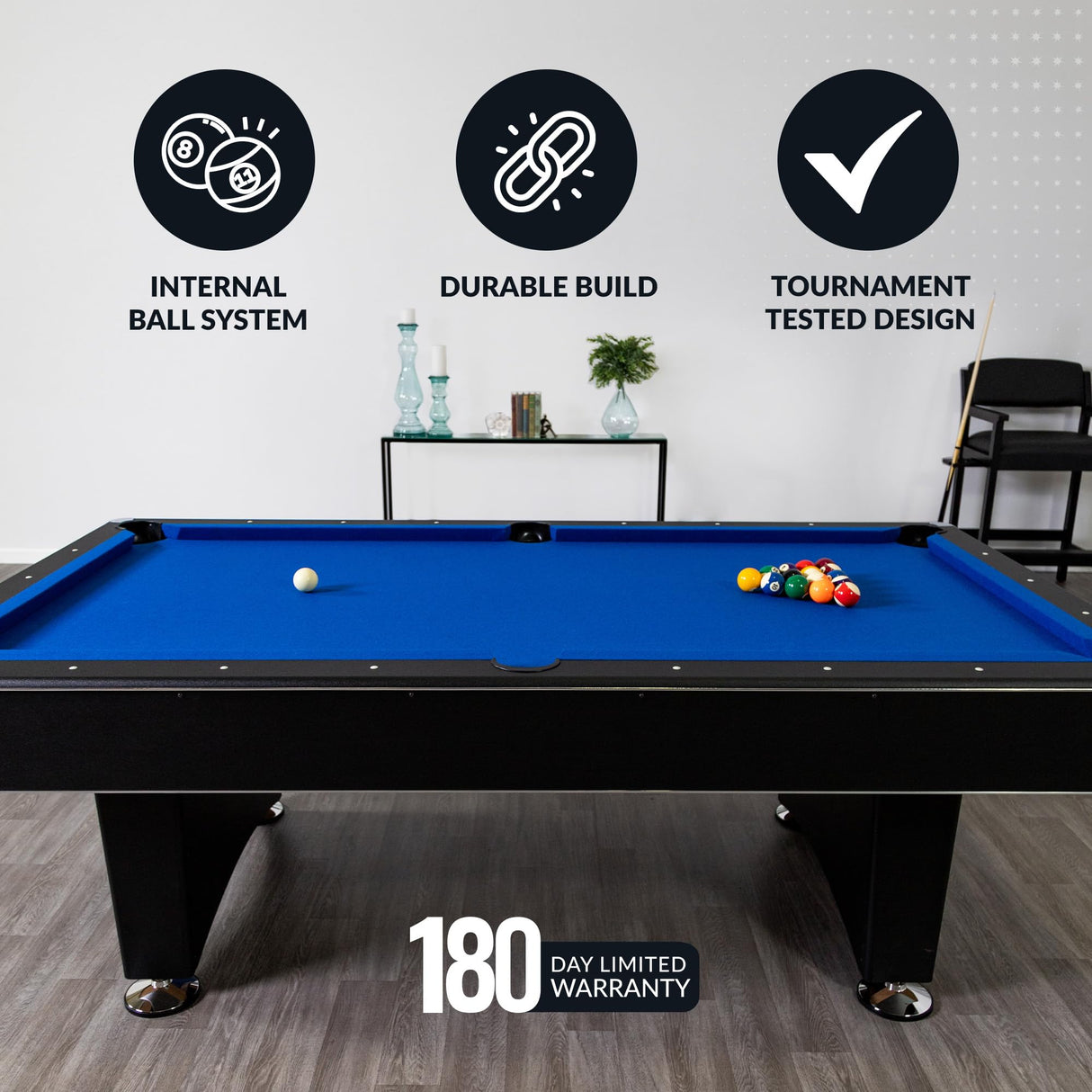 Hathaway Hustler 7 Ft Tournament Pool Table – Includes Cue Sticks, Billiard Balls, Automatic Ball Return – Perfect for Competitive Players and Family Games Room – Blue Felt with Black Finish Hathaway