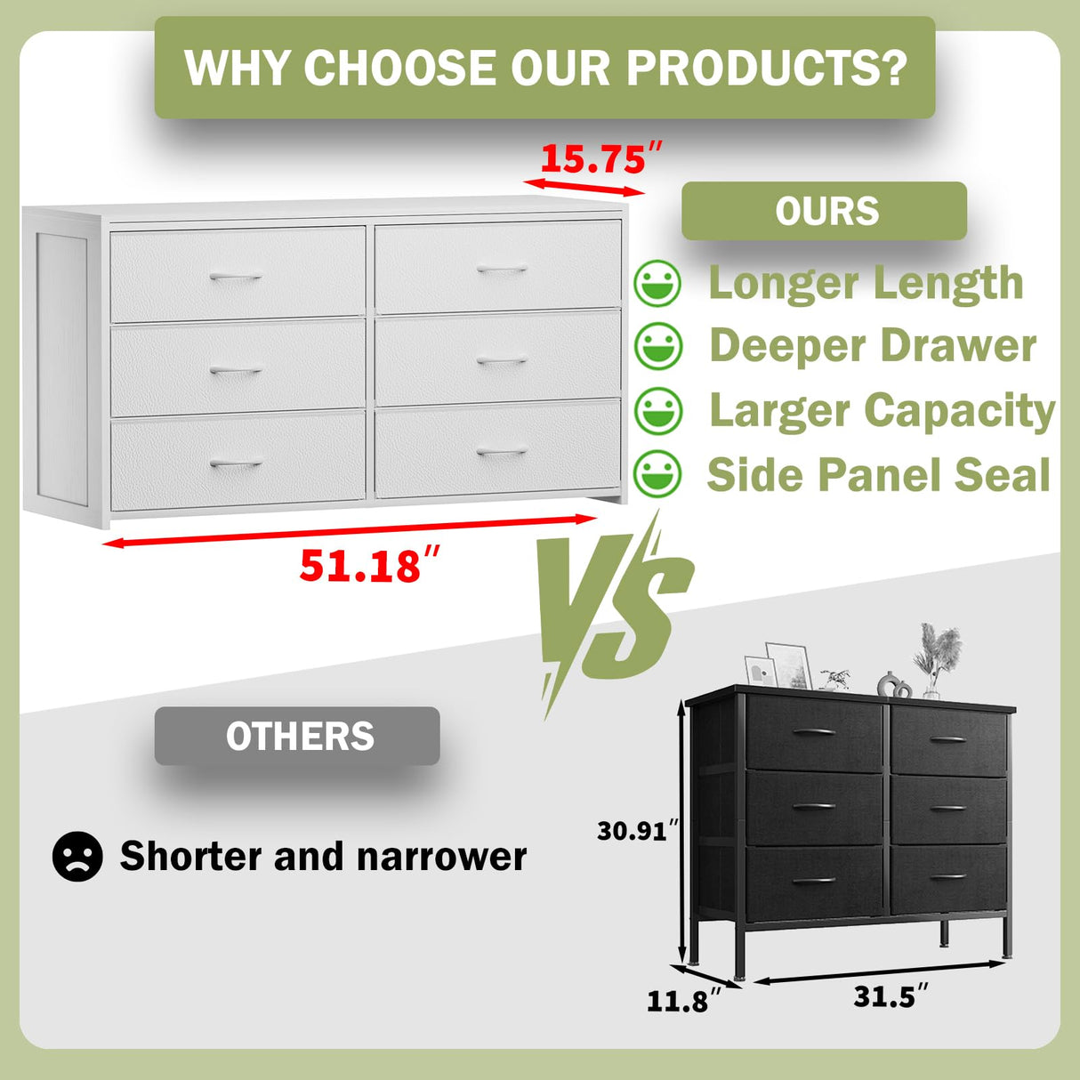 OURPIC Dresser for Bedroom with 6 Drawers, 51 Inch White Dressers TV Stand for 50, 55, 60 Inch TV, Wood Top and Side, Fabric Drawers, Storage, Dresser for Closet, Living Room, Hallway, Entryway OURPIC