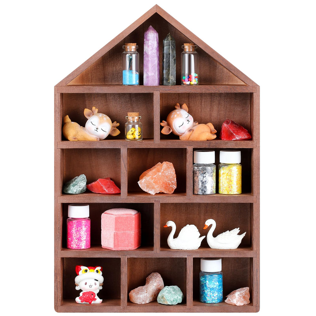 Threehoney House Shaped Wooden Shadow Cubby Box 10 W x 2 1/4 D x 15 H Hanging Display Shelf Organizer Wall Mounted Curio Cabinet Wooden Display Case Miniature Shelf for Figures(Brown) Threehoney