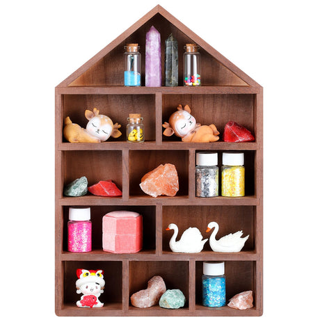 Threehoney House Shaped Wooden Shadow Cubby Box 10 W x 2 1/4 D x 15 H Hanging Display Shelf Organizer Wall Mounted Curio Cabinet Wooden Display Case Miniature Shelf for Figures(Brown) Threehoney