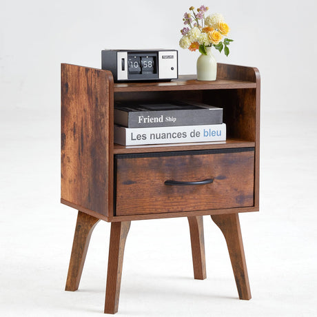 YUFAM Wooden Night Stand,Mid Century Modern Nightstand,Side Tables with Drawers and Open Storage Shelf,Bedside Table with Wood Legs,End Table for Bedroom,Sitting Room and Small Spaces (Brown) YUFAM