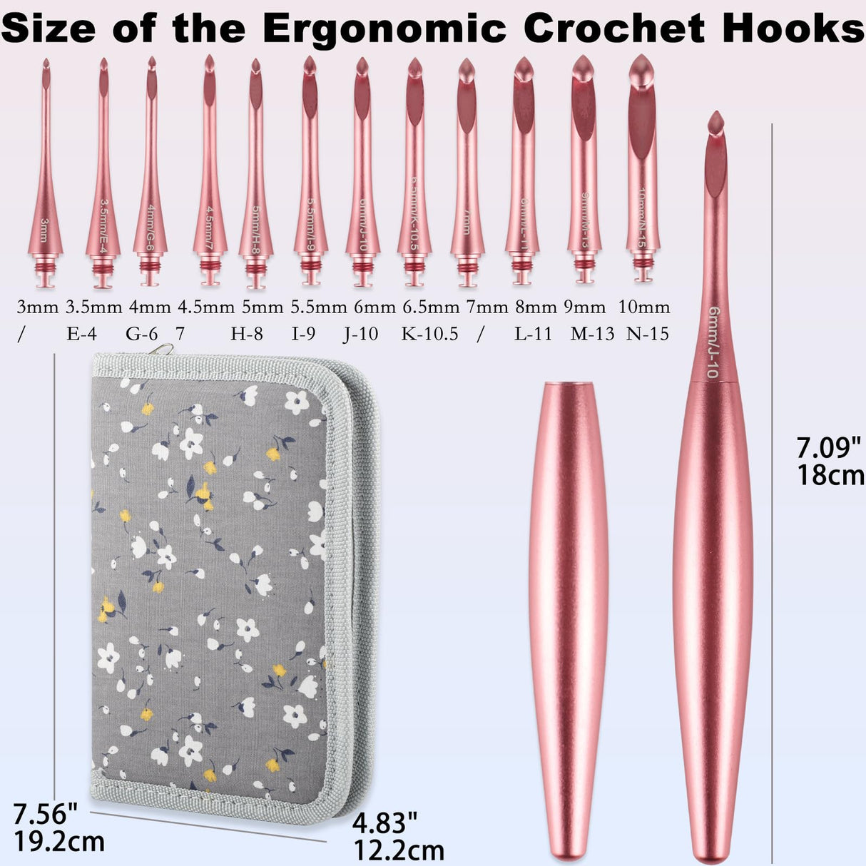 Svartur Interchangeable Crochet Hook Set with 12 Hooks – Ergonomic Crochet Hooks Large Handle, US Sizes E-4 to N-15 (3mm–10mm), Smooth & Lightweight, Crochet Kit with Storage Case, Pink Svartur