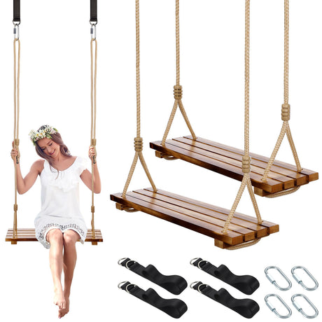 Hollowfly 2 Pcs Wood Swing Seat Carbonized Hanging Wood Tree Swing Adjustable Anticorrosive Waterproof Wooden Swing 440lbs Load for Adult Kids Indoor Outdoor Backyard Play, 24 x 6.3 x 1.42 Inch Hollowfly