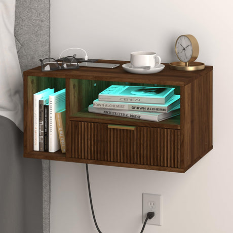 Veegle Floating Nightstand with Charging Station and LED Lights, Walnut Brown Veegle