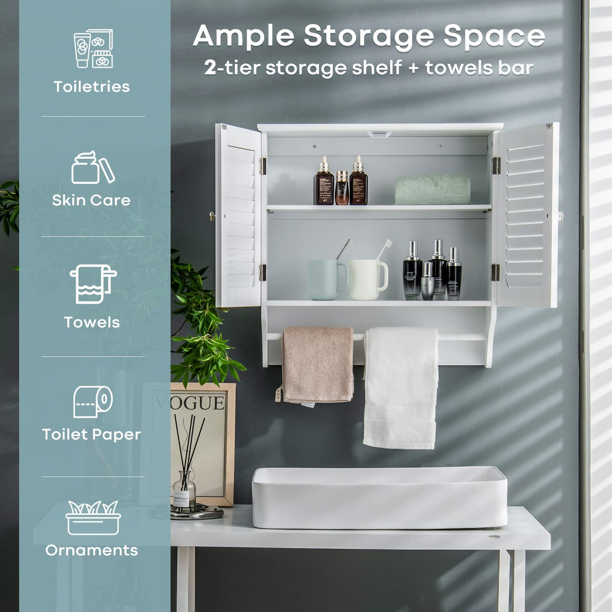 Tangkula White Wall Mounted Bathroom Storage Cabinet with Adjustable Shelves and Double Louvered Doors Tangkula