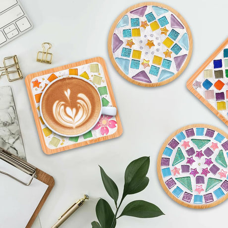 Adboros 8 Sets DIY Glass Mosaic Tiles for Crafts Mixed Color Mosaic Kits with Wooden Coaster for Adults Bamboo Coaster for Drinks Tray Handmade Home Decoration Adboros