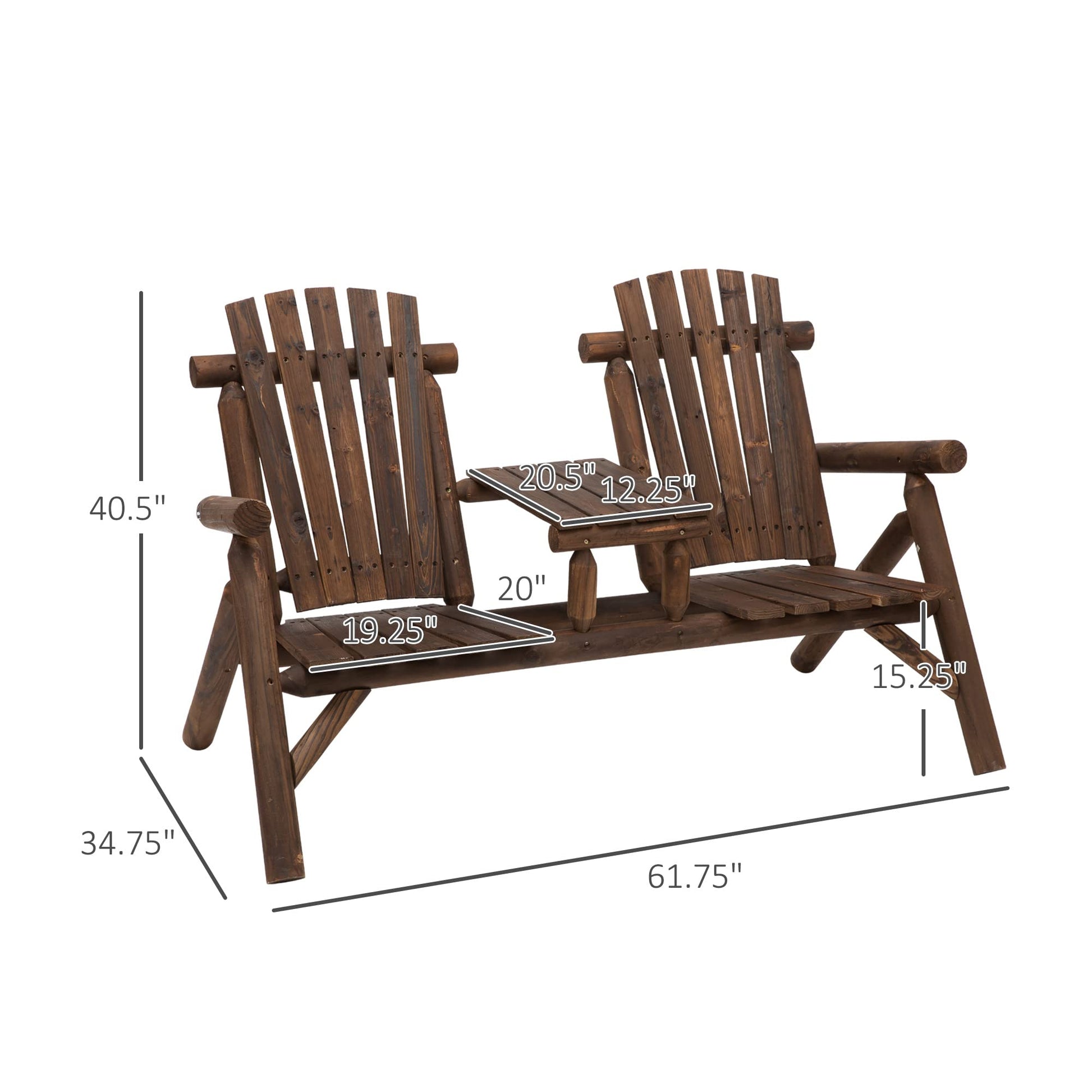 Outsunny 2-Seat Wooden Adirondack Chair, Patio Bench with Table, Outdoor Loveseat Fire Pit Chair for Porch, Backyard, Deck, Carbonized - WoodArtSupply