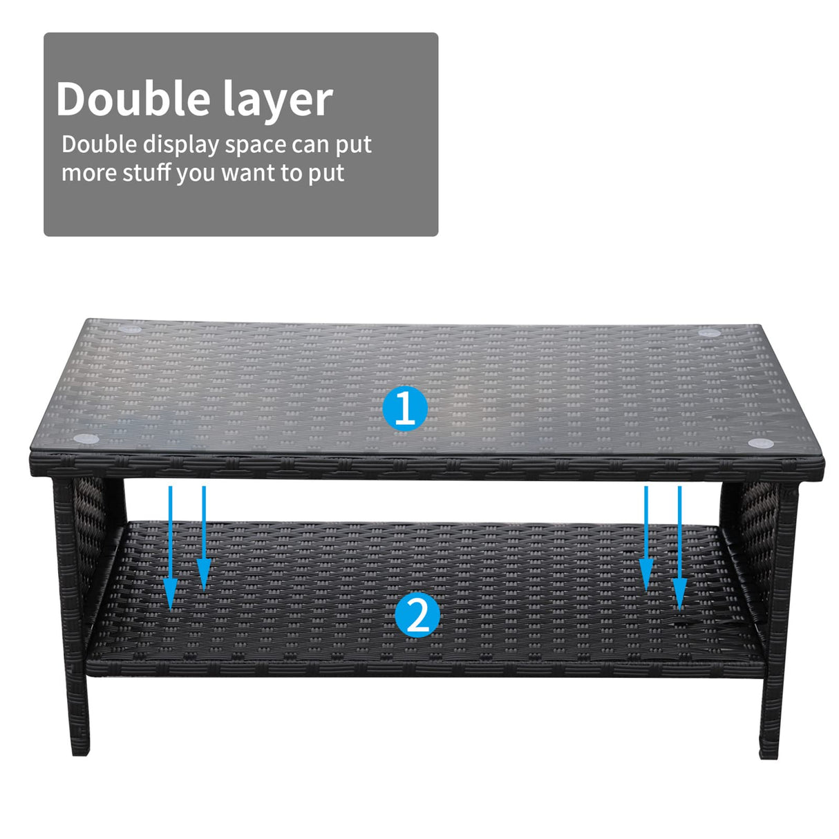 Outdoor Wicker Coffee Table Patio Furniture Garden Rattan 2-Layer Glass Table with Storage and Furniture Cover, Black Rattaner