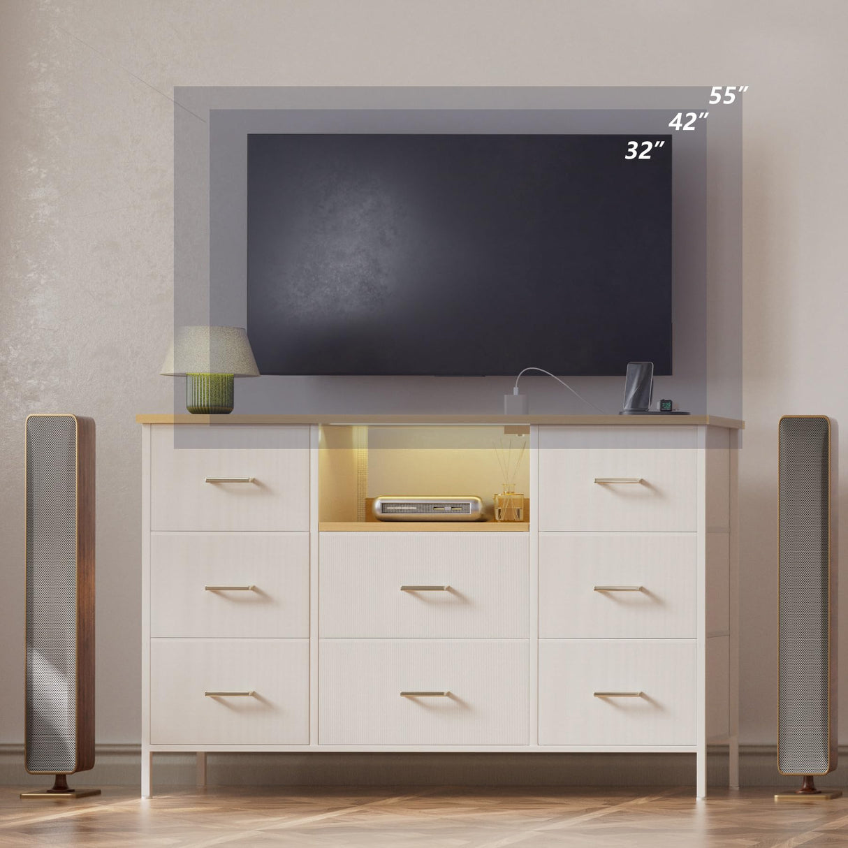 VASICAR White Dresser with LED Lights & Power Outlets, Dresser TV Stand with 8 Drawers for 55" TV, Fabric Chest of Drawers for Bedroom, Living Room, Entryway VASICAR