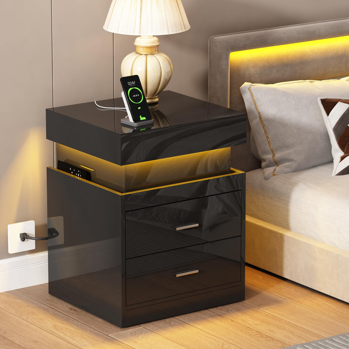 ChooChoo LED Nightstand with Charging Station,Smart Night Stand with Sliding Top Storage, 2-Drawers High Gloss Bedside Table, Modern End Table for Bedroom,Black ChooChoo
