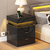 ChooChoo LED Nightstand with Charging Station,Smart Night Stand with Sliding Top Storage, 2-Drawers High Gloss Bedside Table, Modern End Table for Bedroom,Black ChooChoo