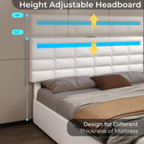 ADORNEVE Full Size LED Bed Frame with 4 Storage Drawers, Pu Leather Upholstered Platform Bed Full with Charging Station & LED Lights, Square Stitched Button Tufted Design, No Box Spring Needed, White ADORNEVE