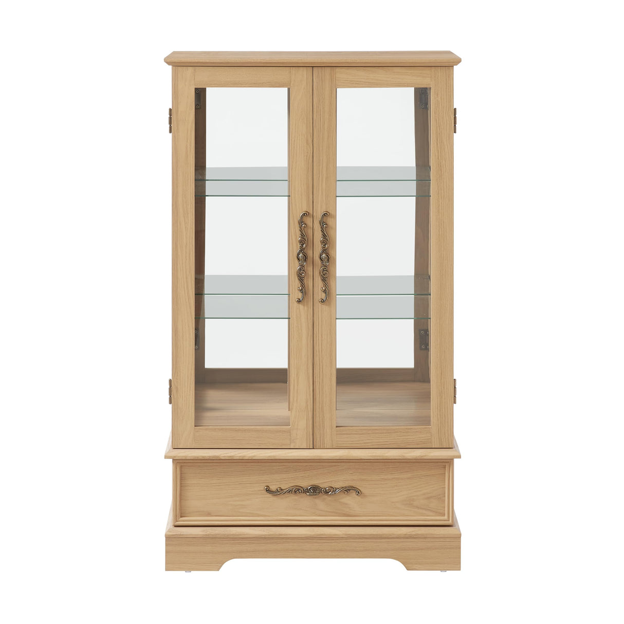 Lighted Glass Curio Display Cabinet with Adjustable Shelves - 2 Doors, 1 Drawer, LED Lights, Elegant Light Oak Finish Generic