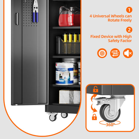 Aobabo 71" H×32" W×16" D Metal Storage Cabinet with Wheels, Garage Steel Storage Cabinet with 5 Adjustable Shelves and 4 Hooks for Home Office, Kitchen, Assembly Required, Black Aobabo