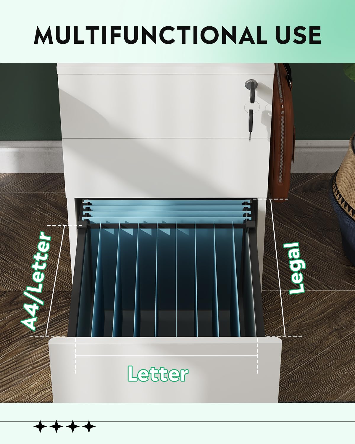 DEVAISE 3 Drawer Rolling File Cabinet with Lock, Wood Under Desk Filing Cabinet fits Letter/Legal/A4 Size for Home Office, White DEVAISE